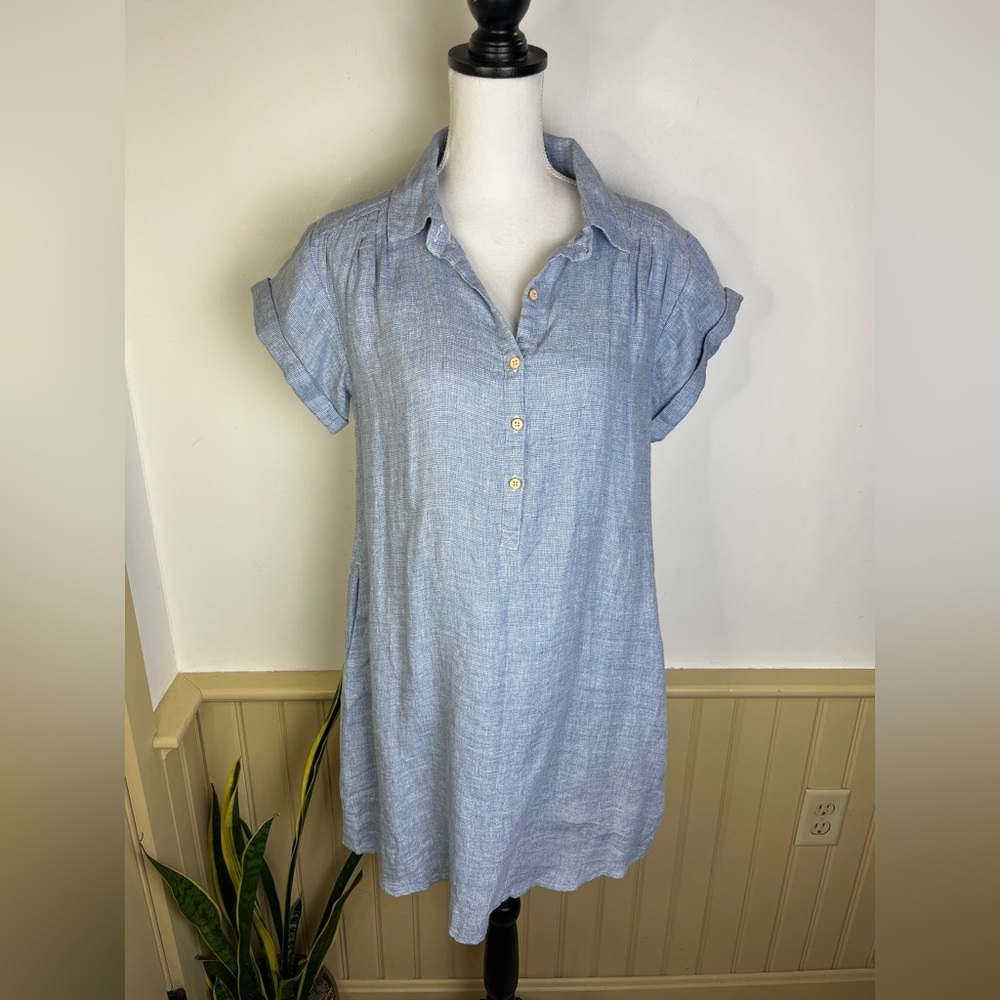 Faherty Hana 100% Linen Chambray Blue Pop Over Shirt Dress Organic Minimalistic